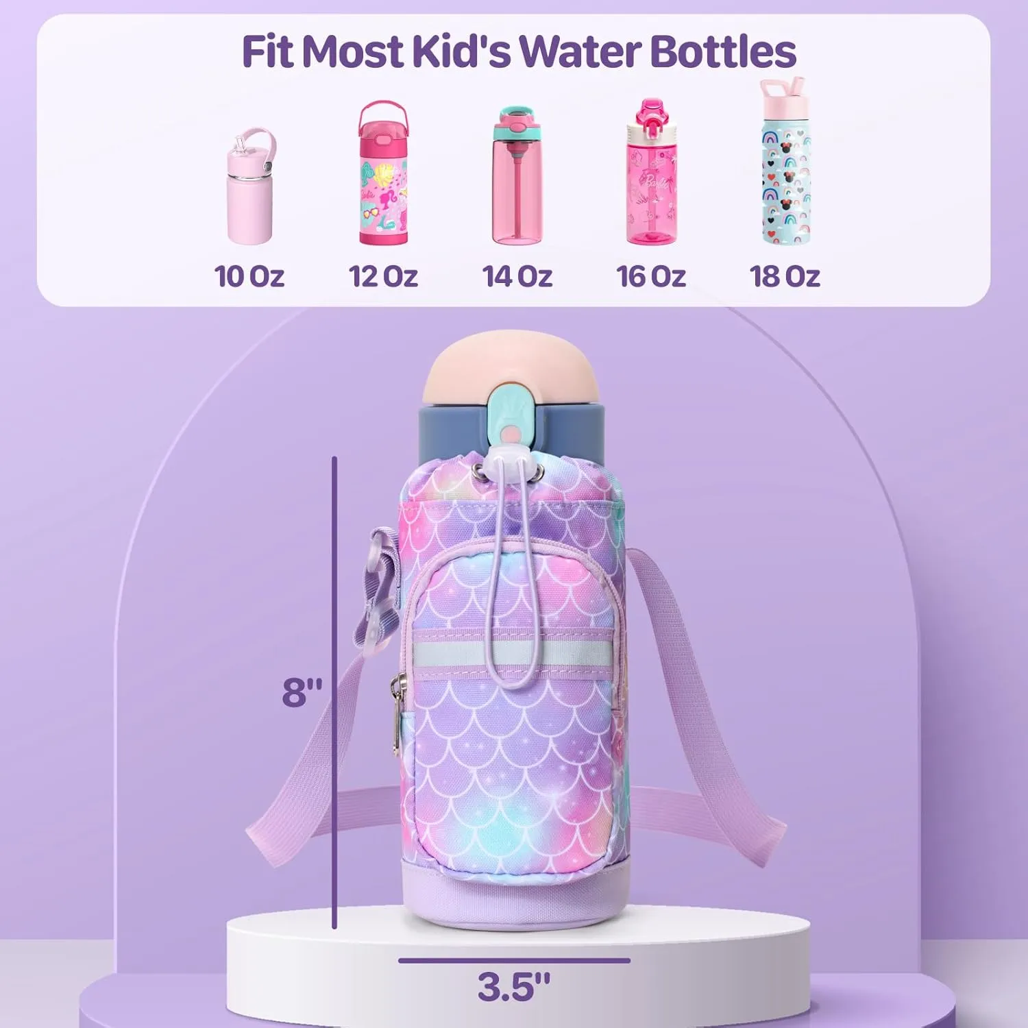 Water Bottle Carrier for Kids - Water Bottle Holder with Strap, Boys Girls Water Bottle Sling Bag for 10/12/14/16/18Oz Water Bottles Walking Hiking Camping (Height 8" Diameter 3.5")