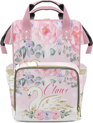 Watercolor Flower Pink Swan Personalized Diaper Bag Backpack Name Custom Mommy Nappy Baby Bag Daypack for Mom Dad Gifts