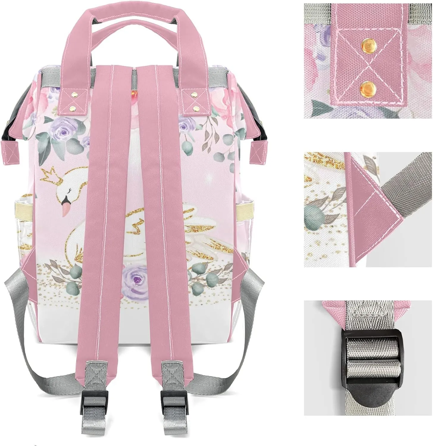 Watercolor Flower Pink Swan Personalized Diaper Bag Backpack Name Custom Mommy Nappy Baby Bag Daypack for Mom Dad Gifts