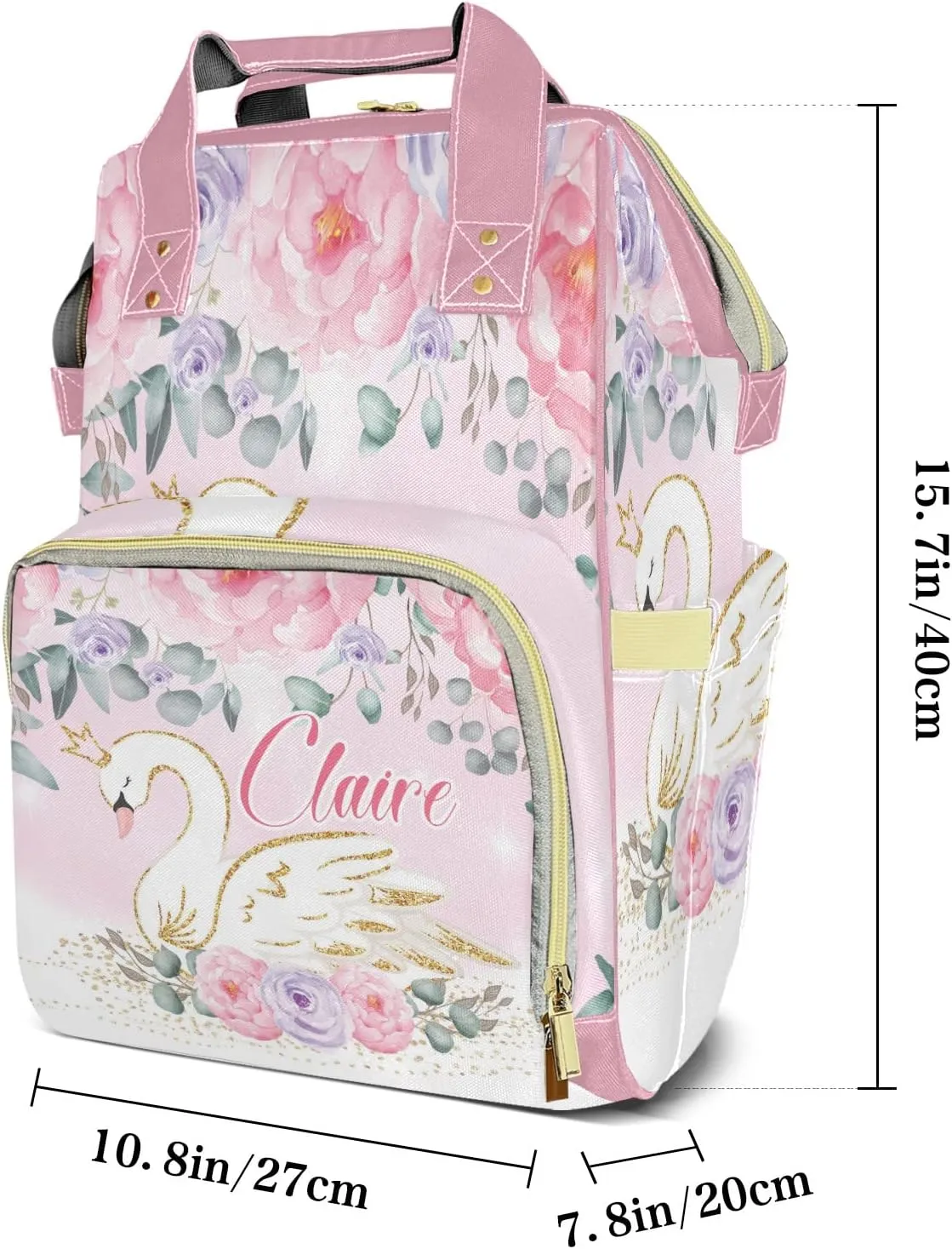 Watercolor Flower Pink Swan Personalized Diaper Bag Backpack Name Custom Mommy Nappy Baby Bag Daypack for Mom Dad Gifts