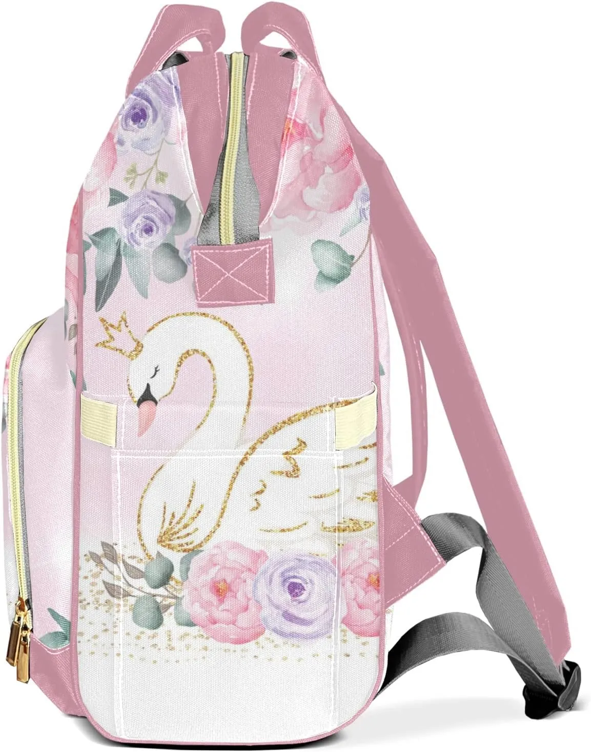 Watercolor Flower Pink Swan Personalized Diaper Bag Backpack Name Custom Mommy Nappy Baby Bag Daypack for Mom Dad Gifts