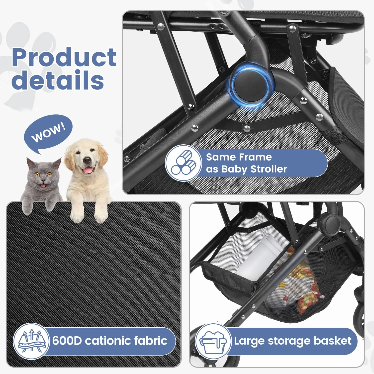 Wdyvko 3 in 1 Dog Stroller, Upgraded Frame, Up to 44lbs Pet Stroller with Dog Poop Bags & Dispenser, Zipperless Entry, Storage Basket & Pouch for Small Dogs Cats (Black)