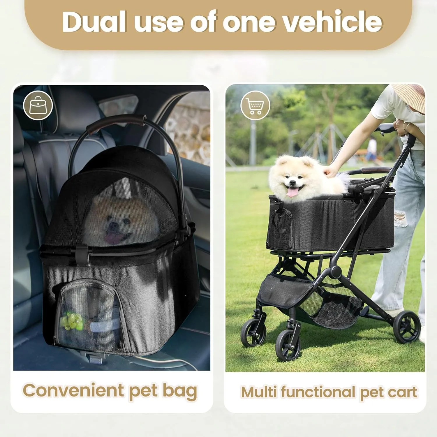 Wdyvko 3 in 1 Dog Stroller, Upgraded Frame, Up to 44lbs Pet Stroller with Dog Poop Bags & Dispenser, Zipperless Entry, Storage Basket & Pouch for Small Dogs Cats (Black)
