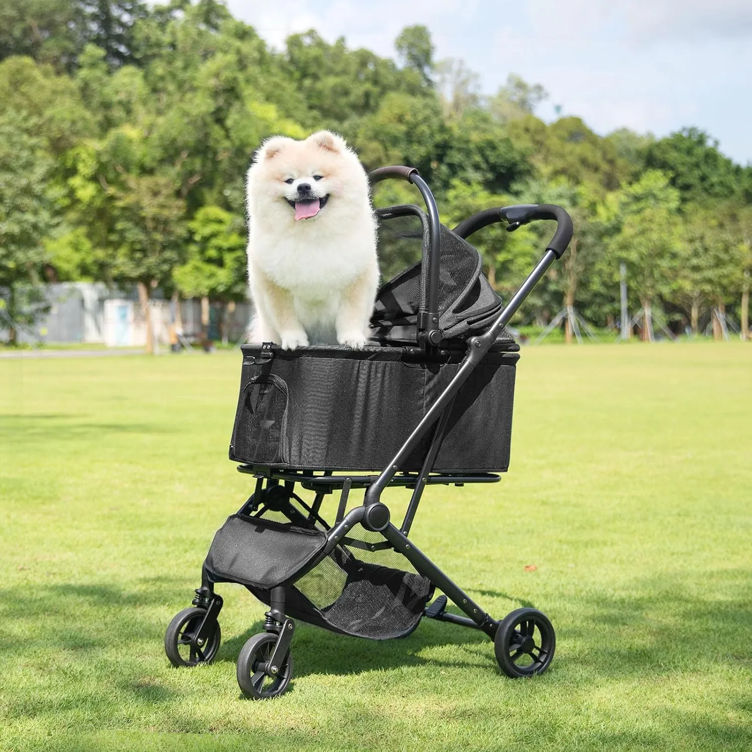 Wdyvko 3 in 1 Dog Stroller, Upgraded Frame, Up to 44lbs Pet Stroller with Dog Poop Bags & Dispenser, Zipperless Entry, Storage Basket & Pouch for Small Dogs Cats (Black)