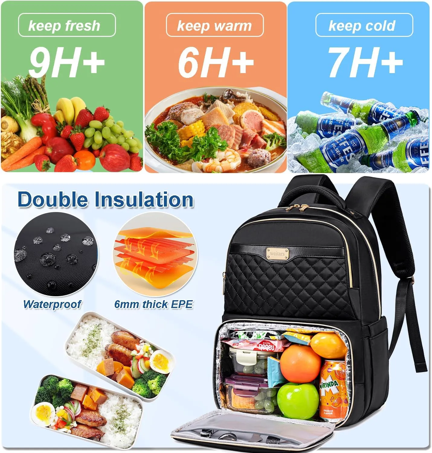 Weitars Lunch Backpack, Insulated Cooler Backpack 15.6 Inch Laptop Backpack For Women Men For Women Nurses Teacher Gifts for College Work Beach Camping Picnics Travel