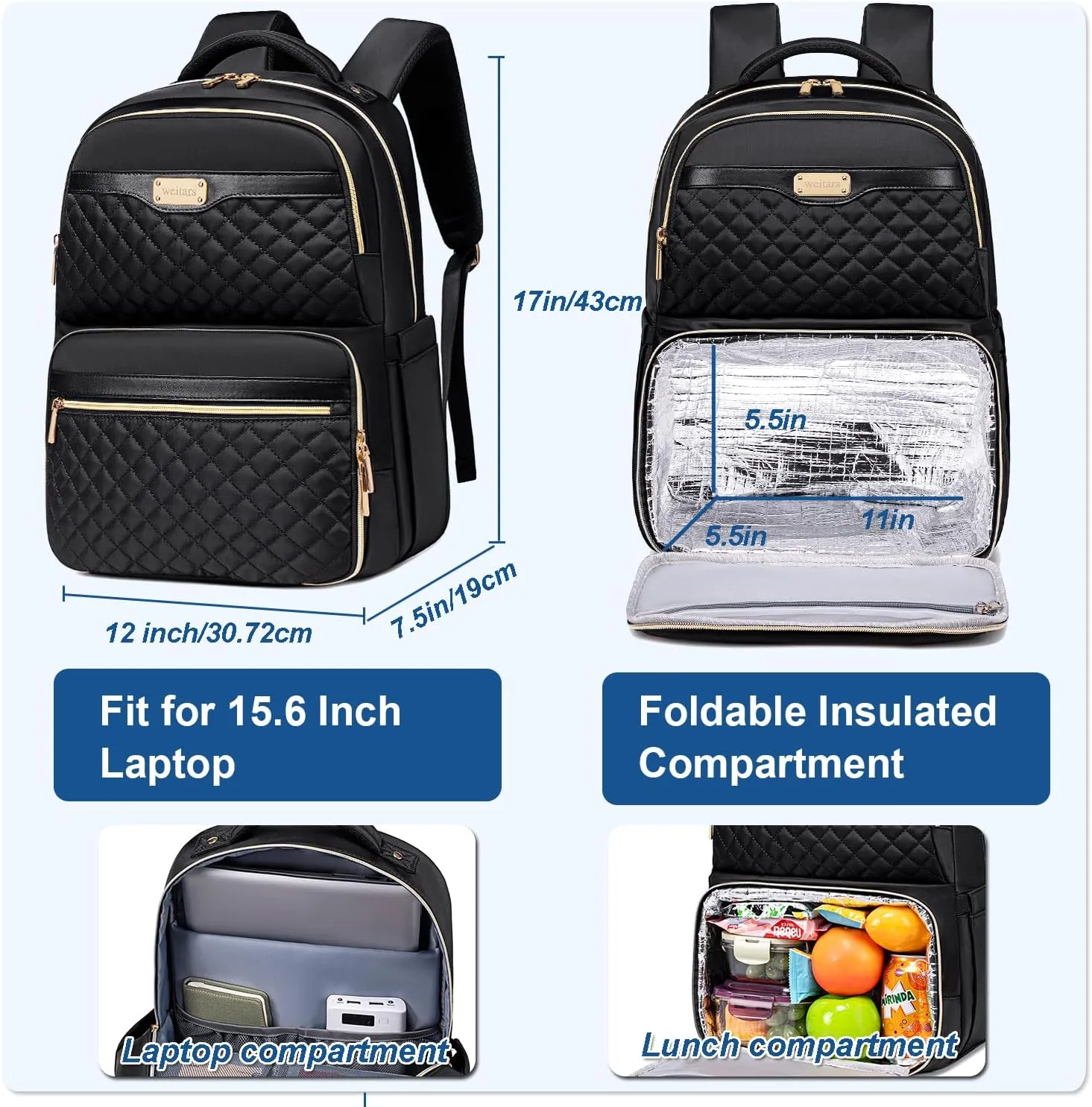 Weitars Lunch Backpack, Insulated Cooler Backpack 15.6 Inch Laptop Backpack For Women Men For Women Nurses Teacher Gifts for College Work Beach Camping Picnics Travel
