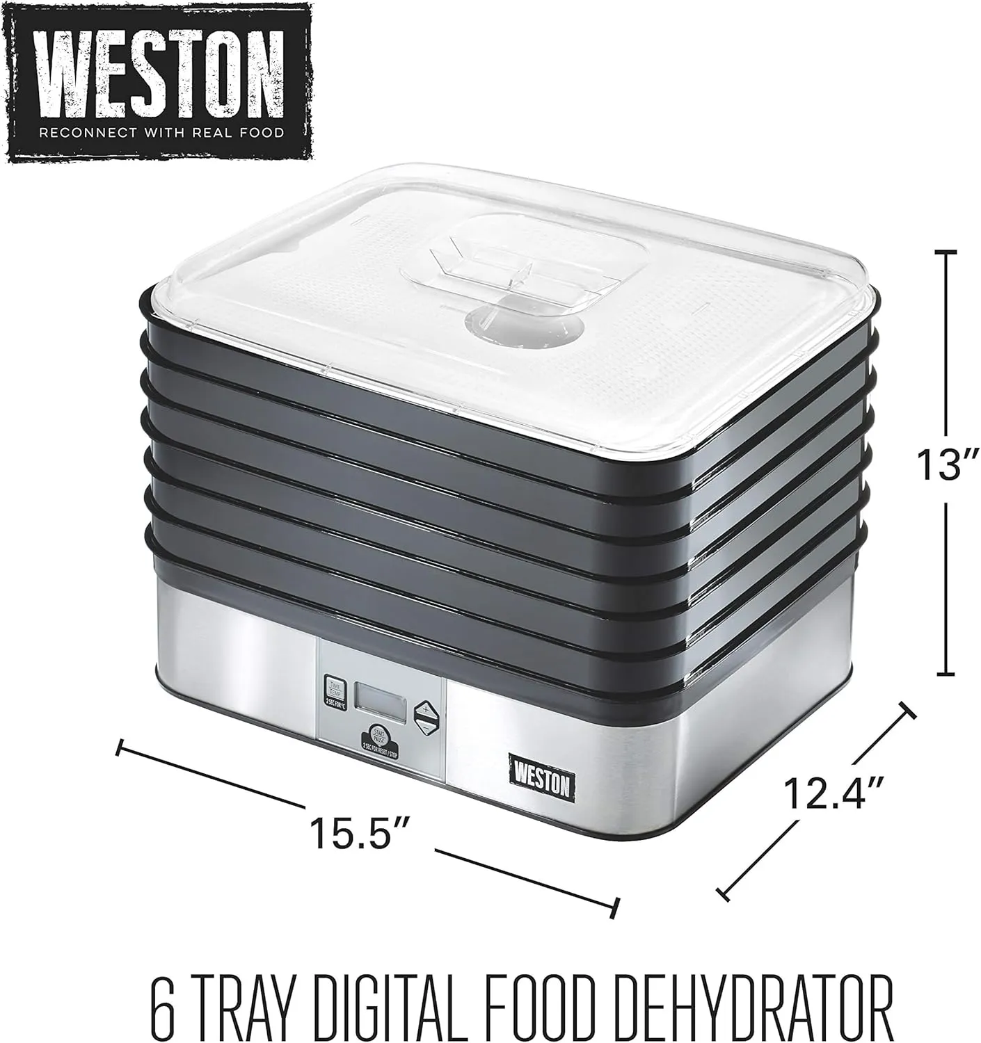 Weston Food Dehydrator Machine for Jerky, Fruit, Meat, Herbs, Vegetables, with Digital Temperature Control (100-160F), 6 Stackable Trays (7.4 sq. ft.), White (75-0450-W)