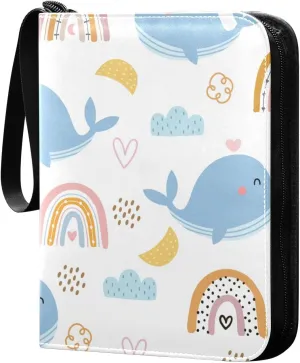 Whale and Rainbow Patterns Card Binder for Trading Cards, 4 Pocket with 50 Sleeves up to 400 Cards, Double Sided Pockets Card Holder Carry Case for Baseball Card, Football Card, Gaming Cards