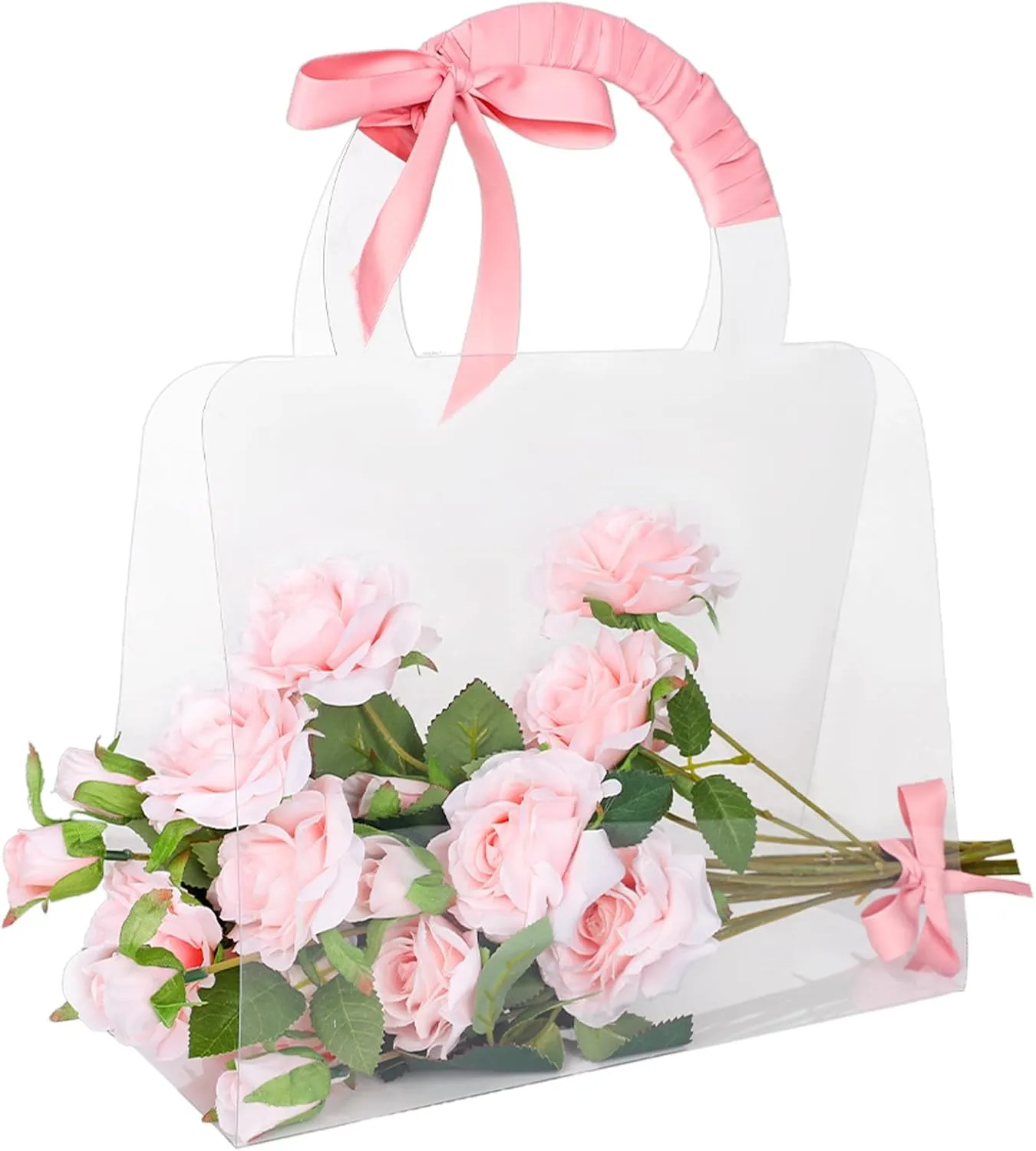 Whaline 12Pcs Clear Flower Bouquet Bags with Handle Large PET Floral Wrapping Boxes Florist Packaging Supplies for Mother's Day Graduation Valentine's Day Wedding Birthday Party Decor Gift