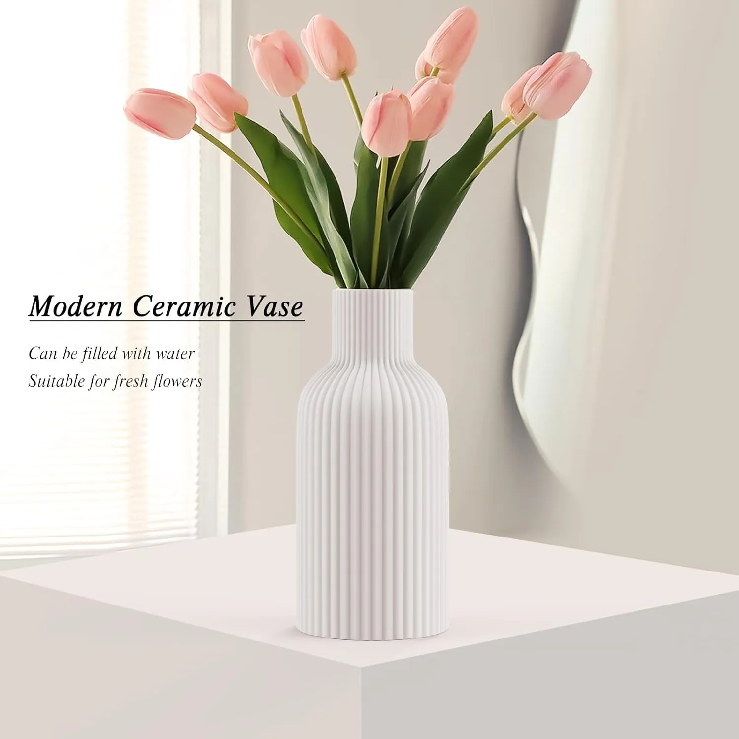 White Ceramic Flower Vase, Minimalist Modern Home Decor, Matte Finish Pampas Grass Vase for Table, Fireplace, Shelf, Mantel, Entryway and Centerpieces (10in)