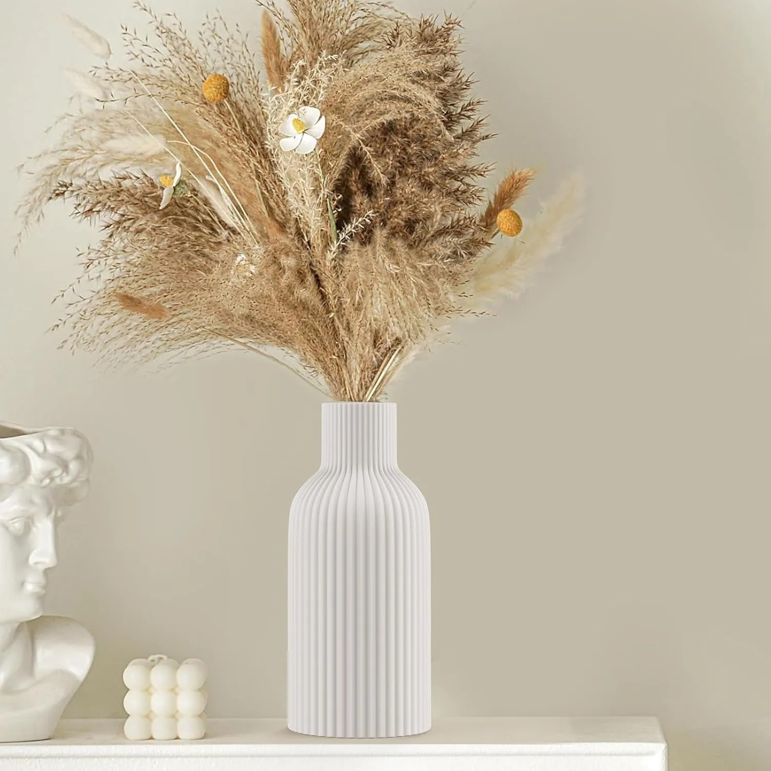 White Ceramic Flower Vase, Minimalist Modern Home Decor, Matte Finish Pampas Grass Vase for Table, Fireplace, Shelf, Mantel, Entryway and Centerpieces (10in)