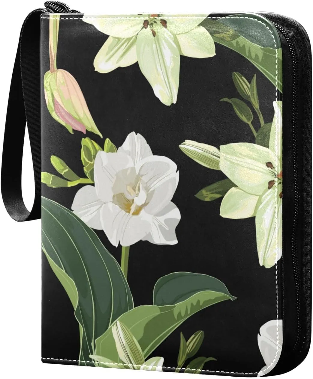 White Freesia Lily and Leaves Patterns Card Binder for Trading Cards, 4 Pocket with 50 Sleeves up to 400 Cards, Double Sided Pockets Card Holder Carry Case for Baseball Card, Football Card, Gaming Car