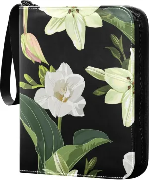 White Freesia Lily and Leaves Patterns Card Binder for Trading Cards, 4 Pocket with 50 Sleeves up to 400 Cards, Double Sided Pockets Card Holder Carry Case for Baseball Card, Football Card, Gaming Car