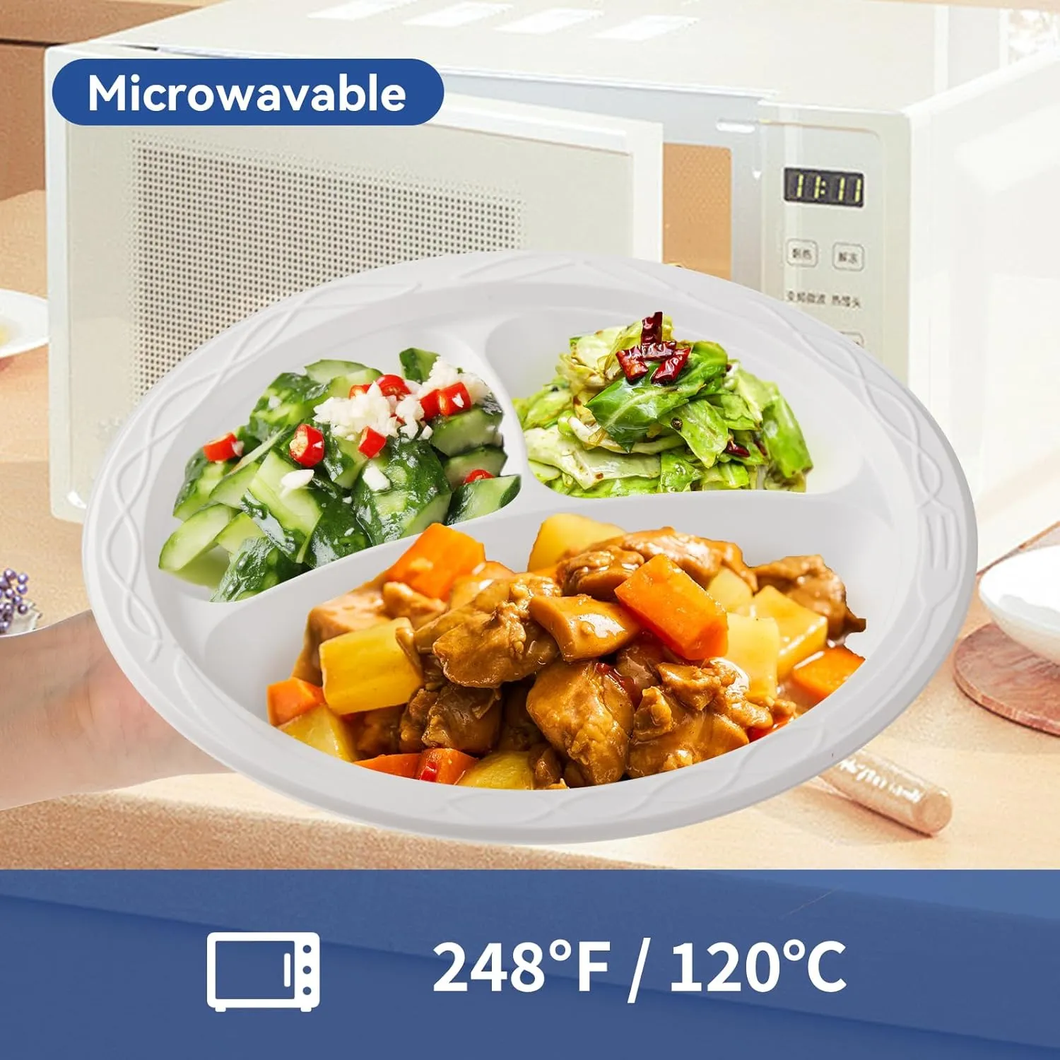 White Plastic Plates, Reusable 150 Pack 10 Inch Heavy Duty Dinner Plate Microwave Safe Easy Serving MFPP Party Trays