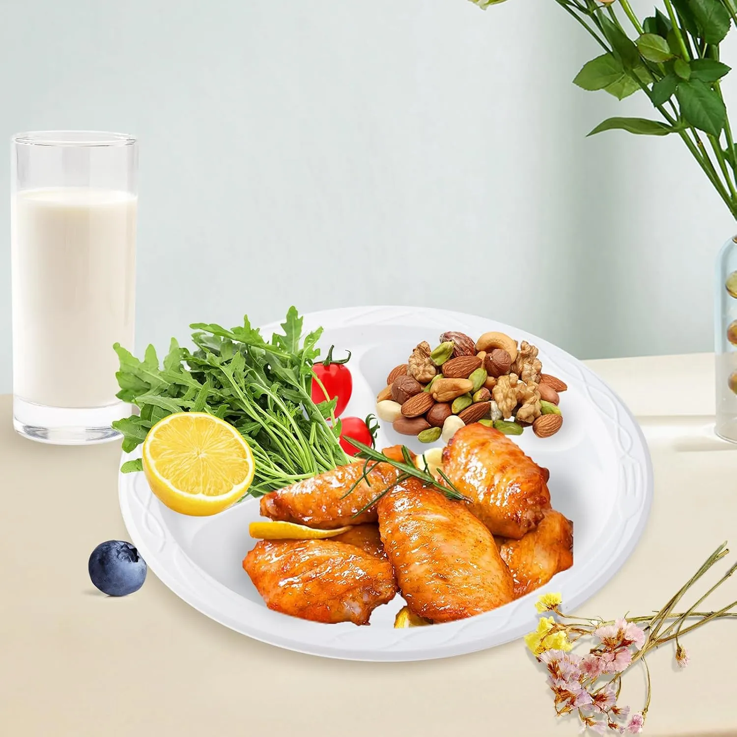 White Plastic Plates, Reusable 150 Pack 10 Inch Heavy Duty Dinner Plate Microwave Safe Easy Serving MFPP Party Trays