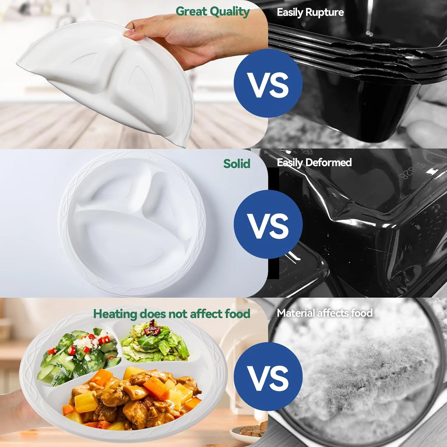 White Plastic Plates, Reusable 150 Pack 10 Inch Heavy Duty Dinner Plate Microwave Safe Easy Serving MFPP Party Trays