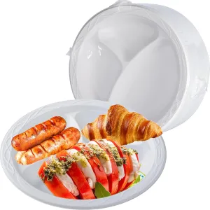 White Plastic Plates, Reusable 150 Pack 10 Inch Heavy Duty Dinner Plate Microwave Safe Easy Serving MFPP Party Trays