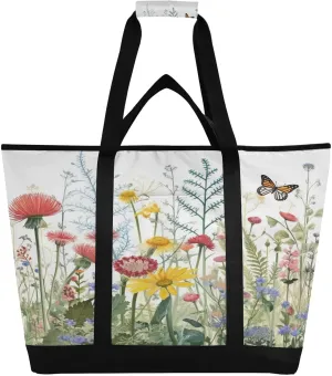 Wild Flower Reusable Insulated Lunchbox Cooler Bag, Leakproof Kitchen Grocery Bag Collapsible Portable Cooler Tote Bag for Picnic, Camping, Office, Travel