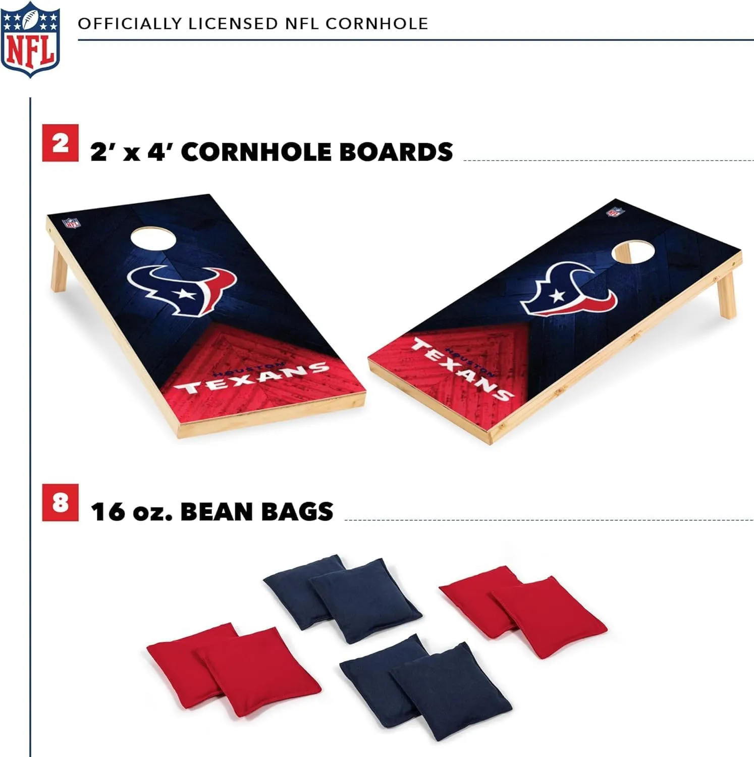 Wild Sports NFL Football 2' x 4' Regulation Size Solid Wood Cornhole Set with Direct Print HD Team Graphics Great Gift for Any Football Fan! Bean Bag Toss Family Outdoor Game