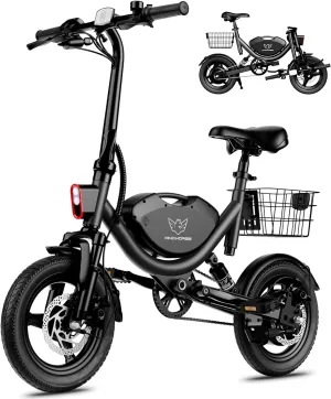 WINDHORSE Electric Bike 22MPH & 35 Miles PAS Range, 14" Folding Ebike with Dual Suspension and Smart Uphill, 715W Peak Motor, Adjustable Seat, Commuting Electric Bicycle with Basket 330LBS Load