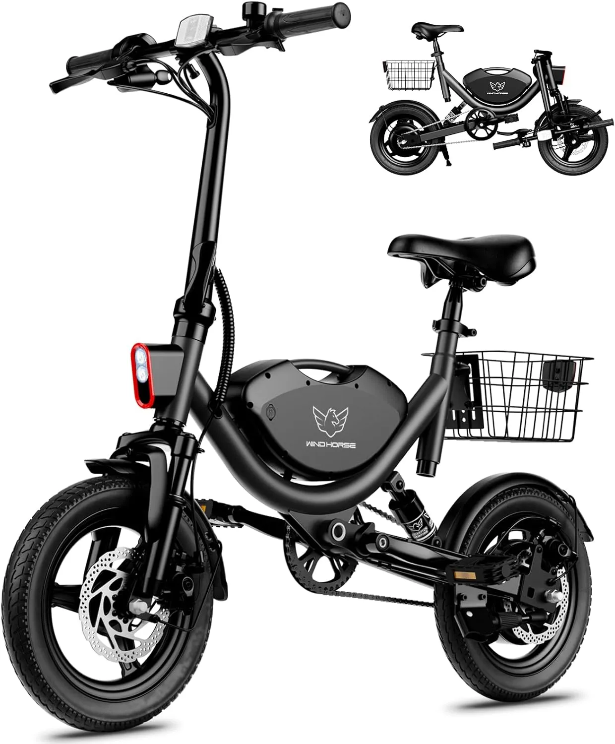 WINDHORSE Electric Bike 22MPH & 35 Miles PAS Range, 14" Folding Ebike with Dual Suspension and Smart Uphill, 715W Peak Motor, Adjustable Seat, Commuting Electric Bicycle with Basket 330LBS Load