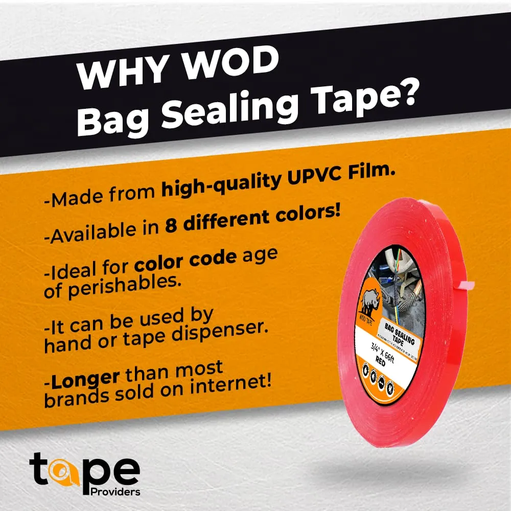 WOD BSTC24PVC Yellow Produce Poly Bag Sealing Tape, 3/8 inch x 180 yds. (Pack of 10) for Packaging and Sealing of Meat, Gifts, or Ice Bags