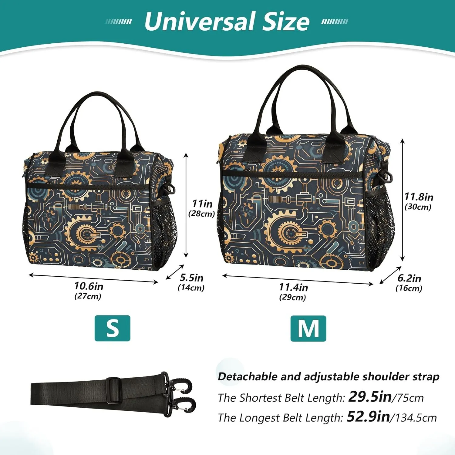 Women Cooler Bags Lunch Bag Reusable Insulated Lunch Bags Machinery Pattern Crossbody with Shoulder Strap Adults S