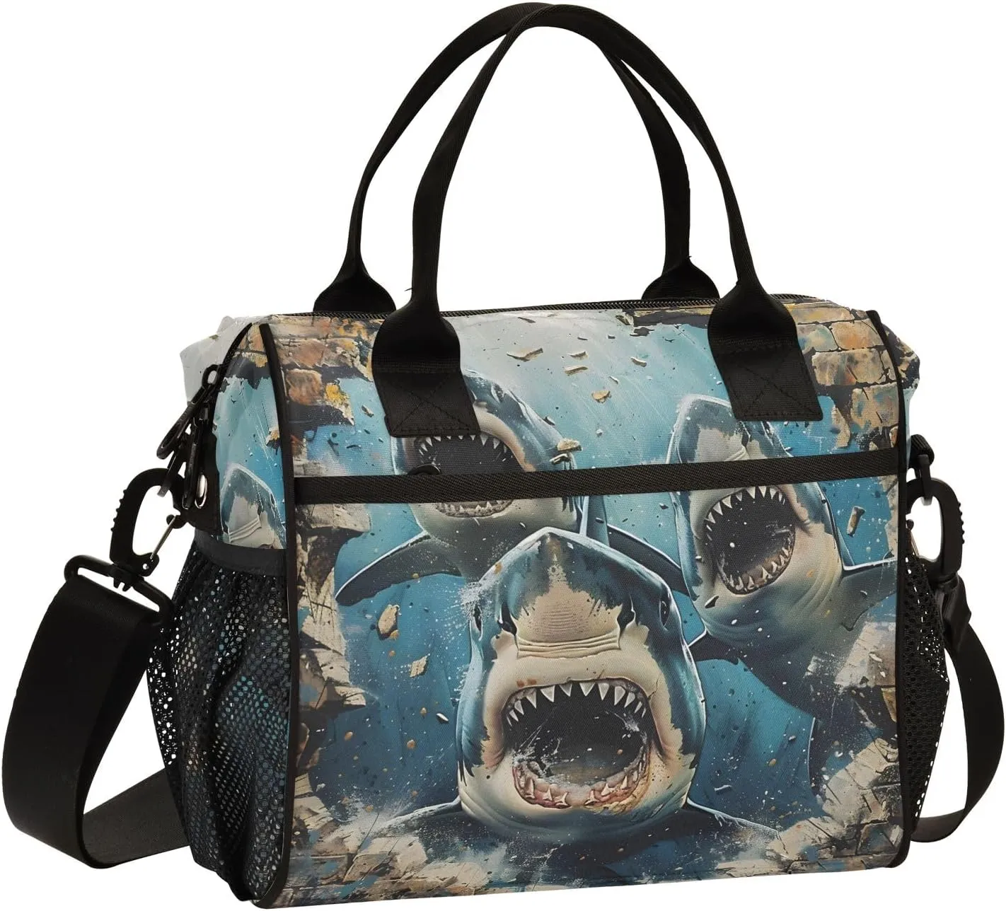 Women Cooler Bags Lunch Bag Reusable Insulated Lunch Bags Sharks Break Through Walls Crossbody with Shoulder Strap Adults S