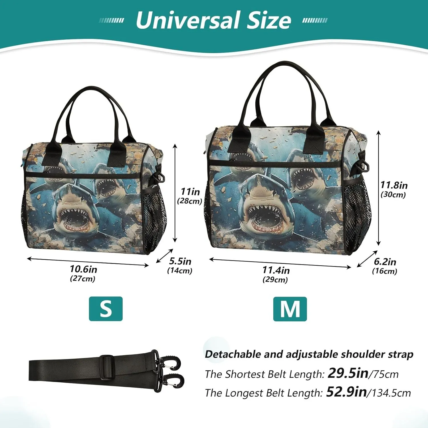 Women Cooler Bags Lunch Bag Reusable Insulated Lunch Bags Sharks Break Through Walls Crossbody with Shoulder Strap Adults S
