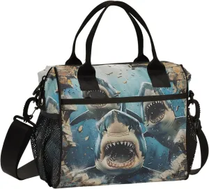 Women Cooler Bags Lunch Bag Reusable Insulated Lunch Bags Sharks Break Through Walls Crossbody with Shoulder Strap Adults S