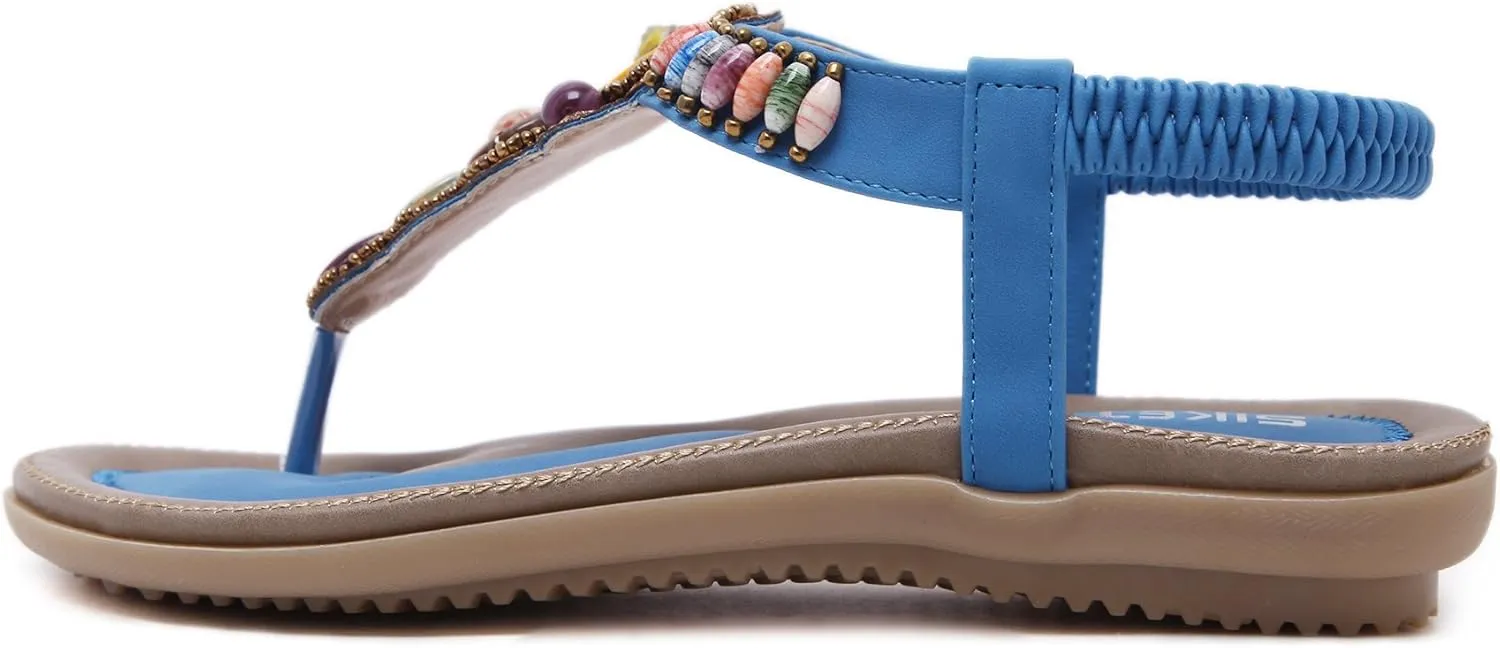 Women T-Strap Beaded Flower Gladiator Flat Dress Sandals Beach Shoes Bohemian Thong Sandal Elastic Back Strap Clip Toe Flats Sandals Summer Bohemian Rhinestone Slingback Beach Flip Flops Shoes