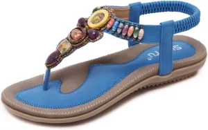 Women T-Strap Beaded Flower Gladiator Flat Dress Sandals Beach Shoes Bohemian Thong Sandal Elastic Back Strap Clip Toe Flats Sandals Summer Bohemian Rhinestone Slingback Beach Flip Flops Shoes