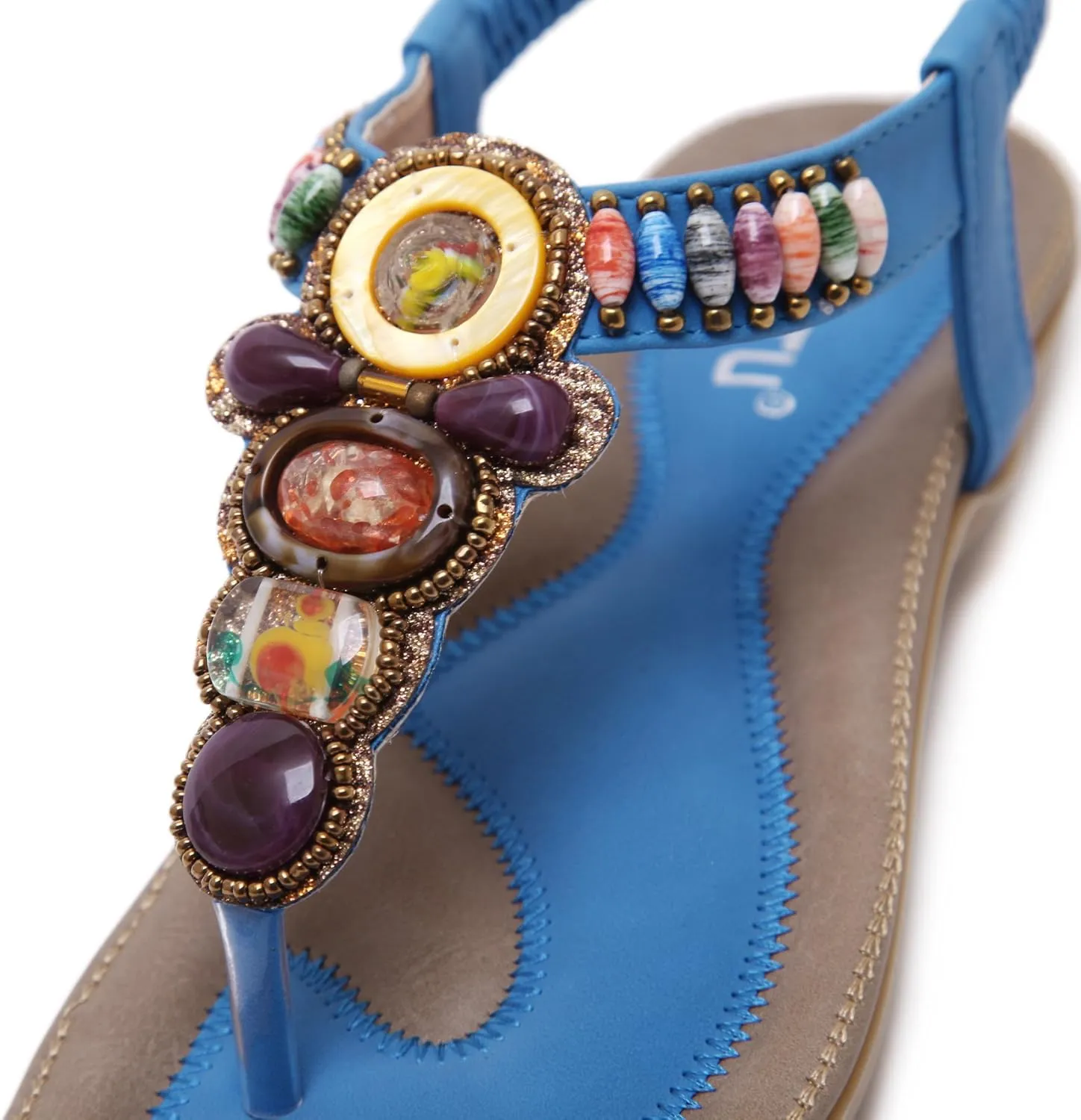 Women T-Strap Beaded Flower Gladiator Flat Dress Sandals Beach Shoes Bohemian Thong Sandal Elastic Back Strap Clip Toe Flats Sandals Summer Bohemian Rhinestone Slingback Beach Flip Flops Shoes
