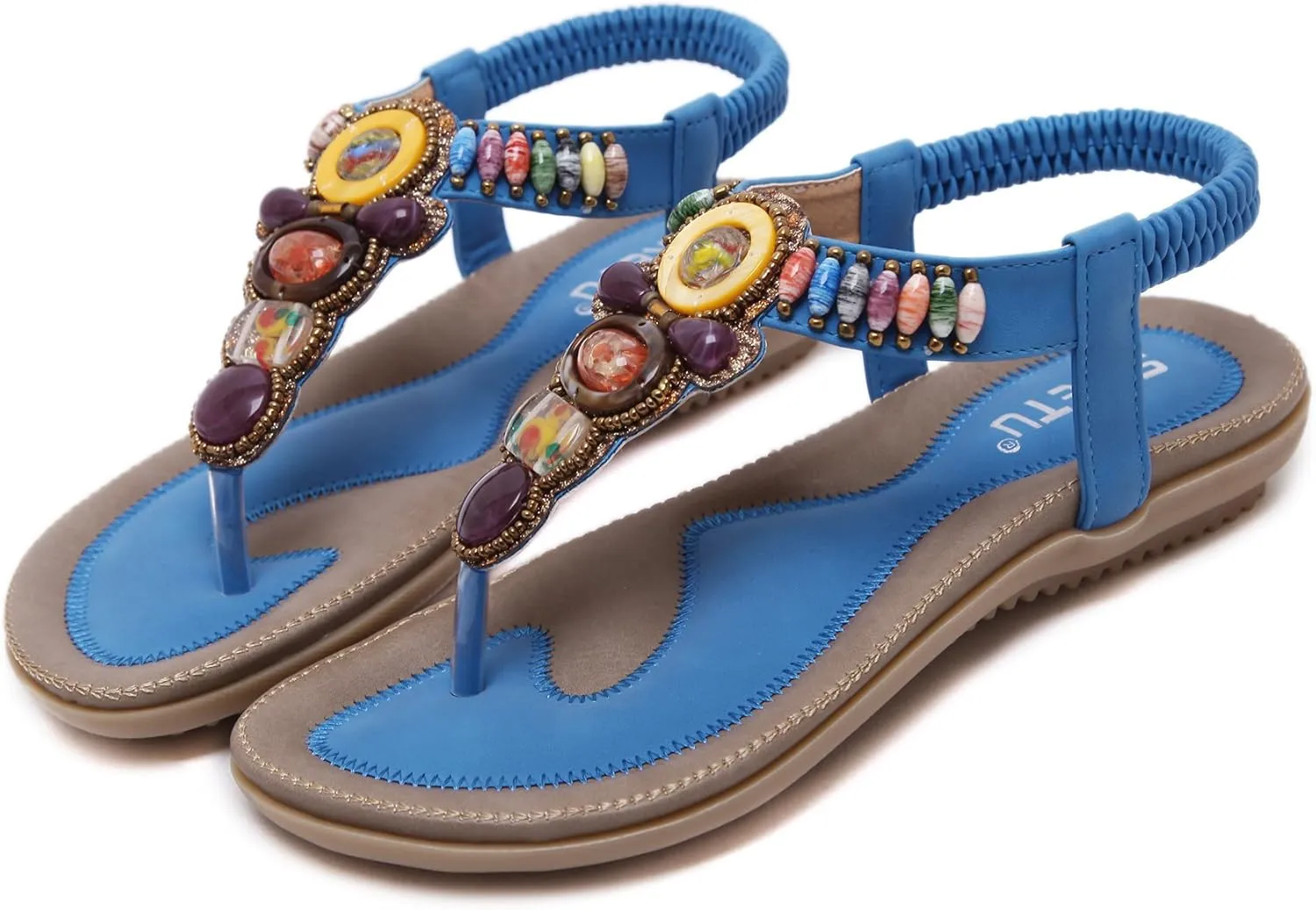 Women T-Strap Beaded Flower Gladiator Flat Dress Sandals Beach Shoes Bohemian Thong Sandal Elastic Back Strap Clip Toe Flats Sandals Summer Bohemian Rhinestone Slingback Beach Flip Flops Shoes