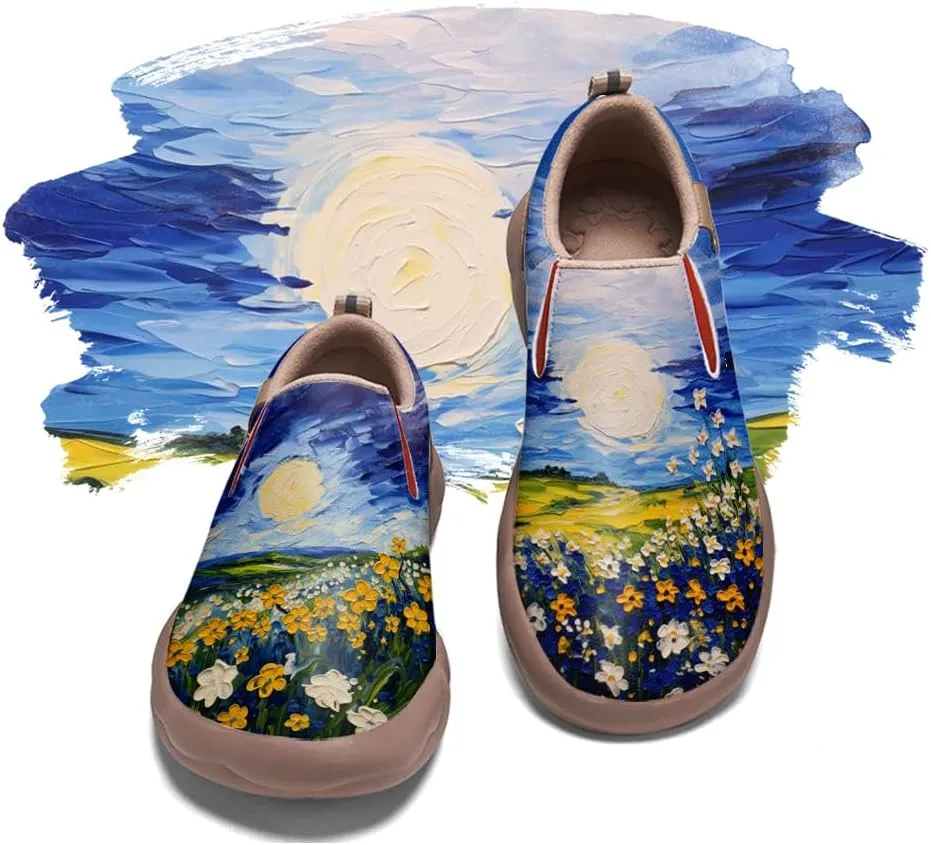Women's Leather Shoes Slip On Flower Loafers Painted Travel Shoes Chinoiserie Art Fashion Sneaker