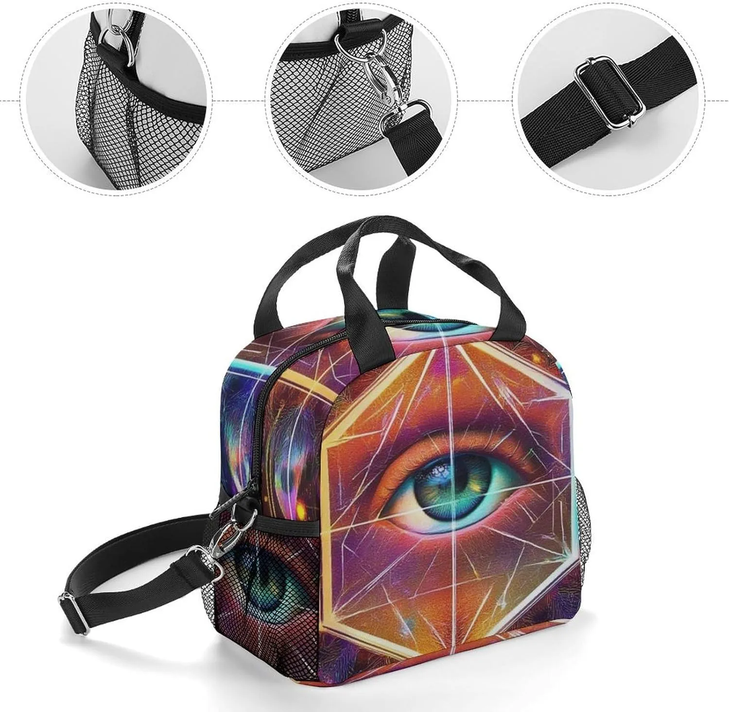 Womens Lunch Bag, Reusable Insulated Lunch Box Colorful Tattoo Trippy Acid Eye Thermal Cooler Tote Bag with Adjustable Removable Shoulder Strap for Picnic Office