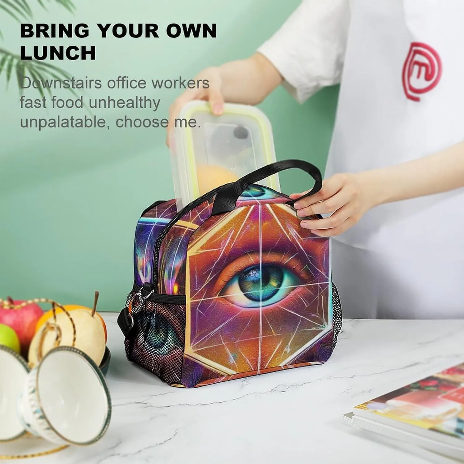 Womens Lunch Bag, Reusable Insulated Lunch Box Colorful Tattoo Trippy Acid Eye Thermal Cooler Tote Bag with Adjustable Removable Shoulder Strap for Picnic Office