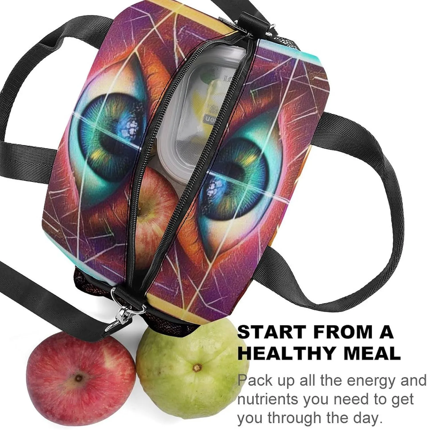 Womens Lunch Bag, Reusable Insulated Lunch Box Colorful Tattoo Trippy Acid Eye Thermal Cooler Tote Bag with Adjustable Removable Shoulder Strap for Picnic Office
