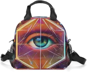 Womens Lunch Bag, Reusable Insulated Lunch Box Colorful Tattoo Trippy Acid Eye Thermal Cooler Tote Bag with Adjustable Removable Shoulder Strap for Picnic Office