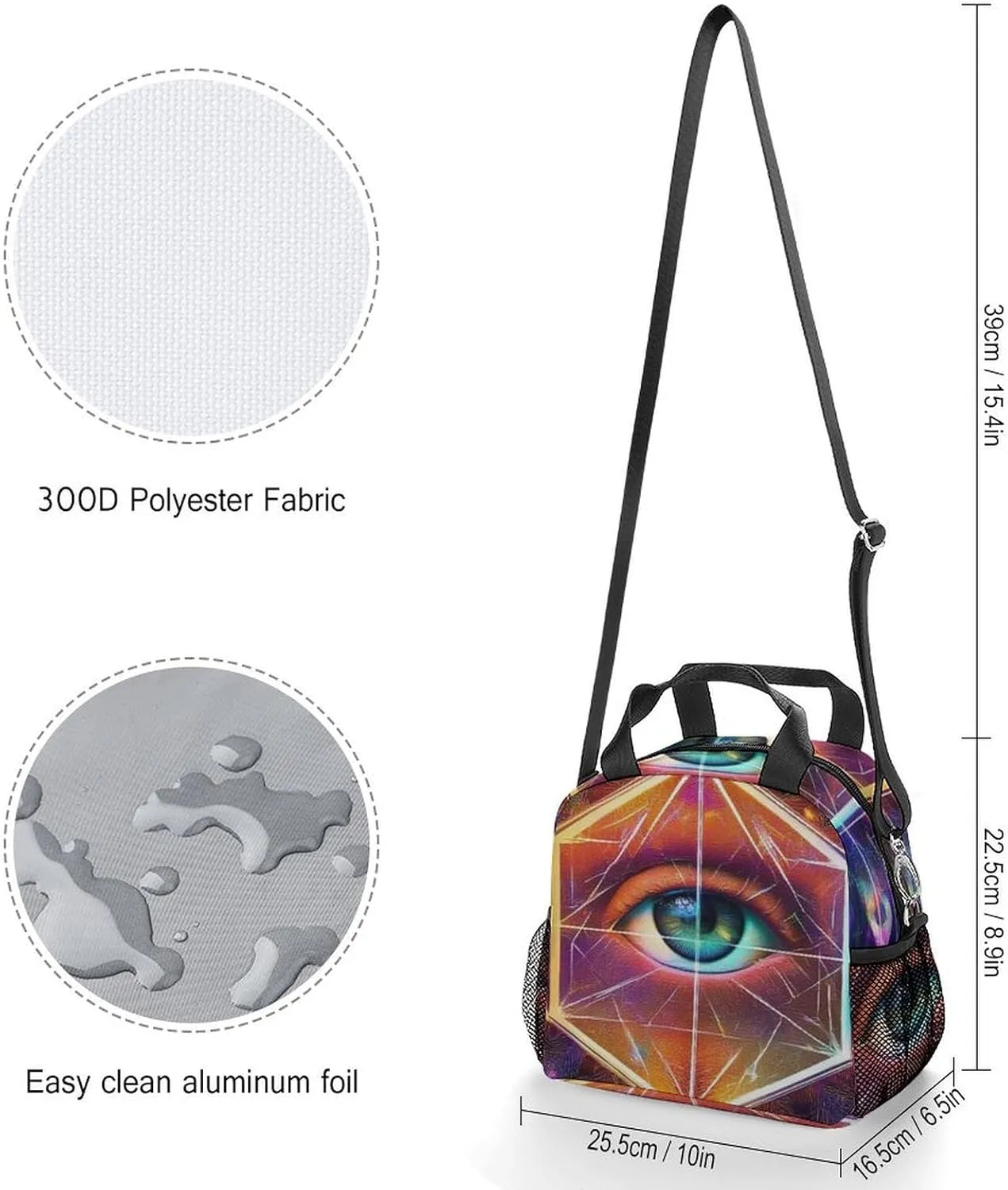 Womens Lunch Bag, Reusable Insulated Lunch Box Colorful Tattoo Trippy Acid Eye Thermal Cooler Tote Bag with Adjustable Removable Shoulder Strap for Picnic Office