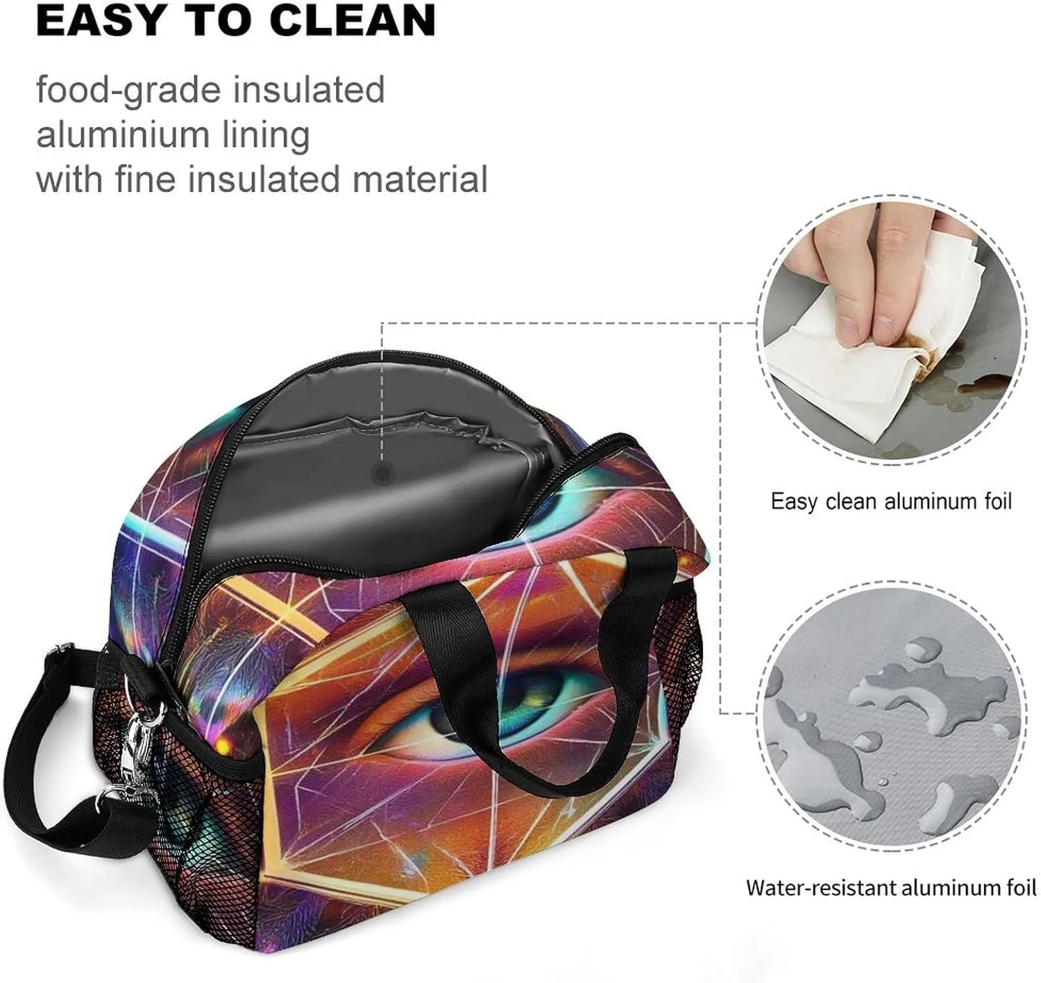 Womens Lunch Bag, Reusable Insulated Lunch Box Colorful Tattoo Trippy Acid Eye Thermal Cooler Tote Bag with Adjustable Removable Shoulder Strap for Picnic Office