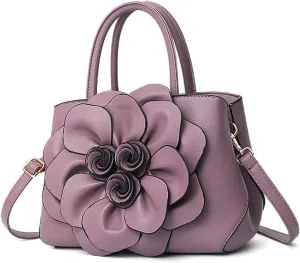 Womens PU Leather Handbags Purses Top-handle Totes Satchel Shoulder Bag for Ladies with Big flower（Pink）