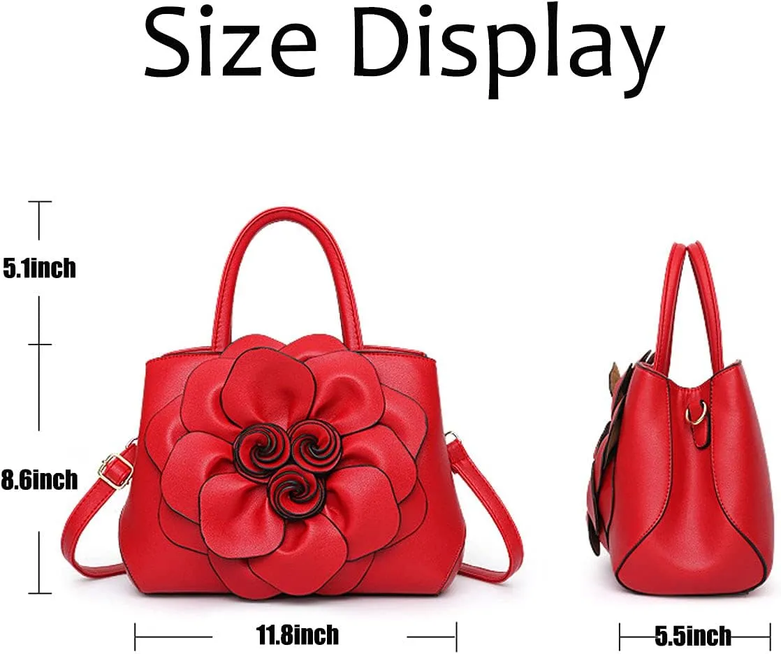 Womens PU Leather Handbags Purses Top-handle Totes Satchel Shoulder Bag for Ladies with Big flower（Pink）