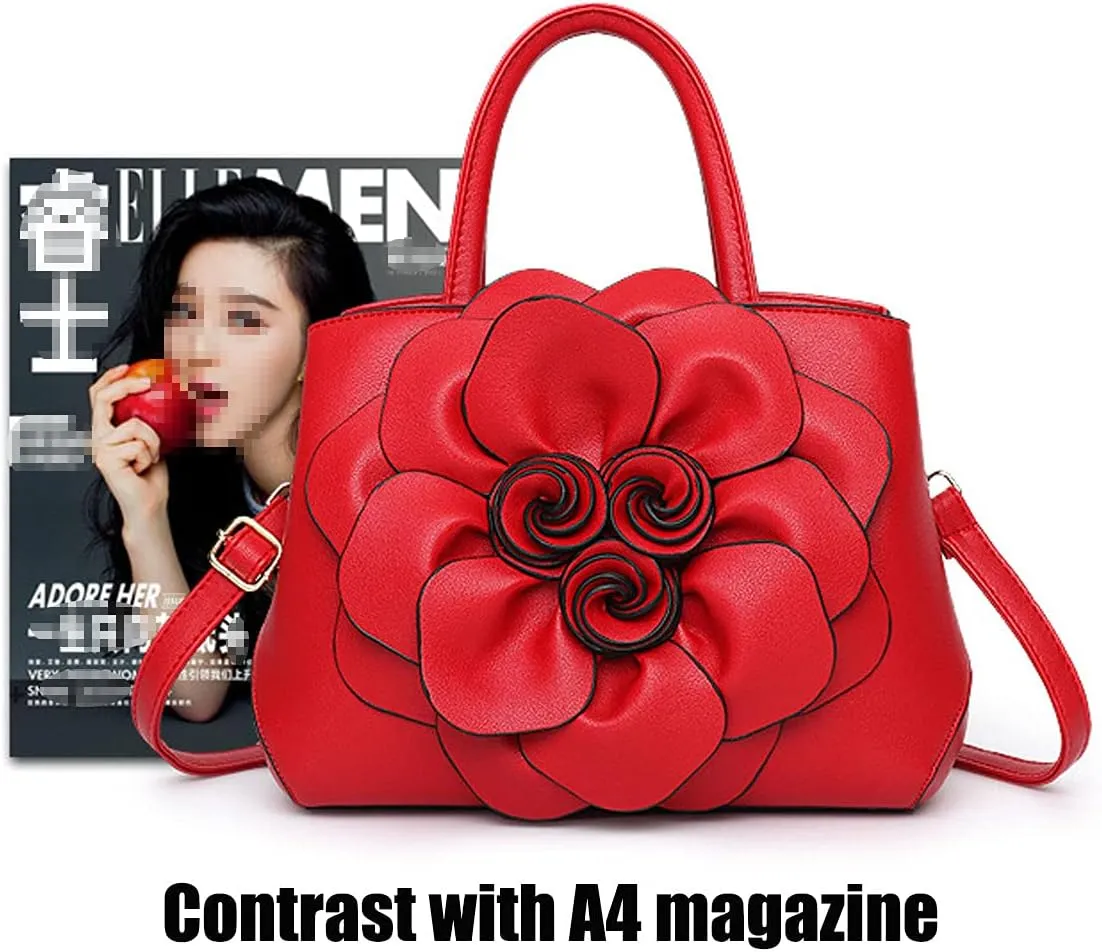 Womens PU Leather Handbags Purses Top-handle Totes Satchel Shoulder Bag for Ladies with Big flower（Pink）
