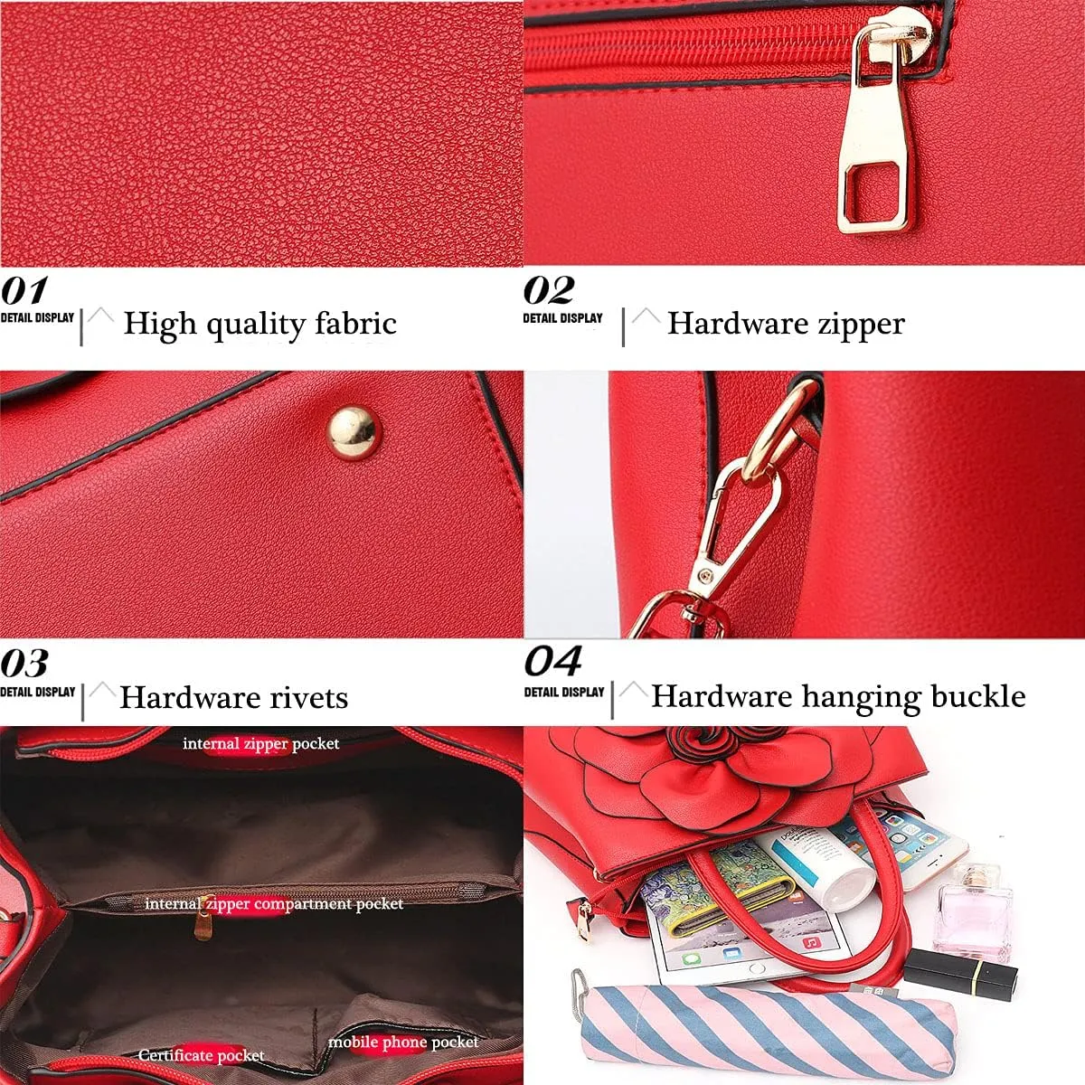 Womens PU Leather Handbags Purses Top-handle Totes Satchel Shoulder Bag for Ladies with Big flower（Pink）