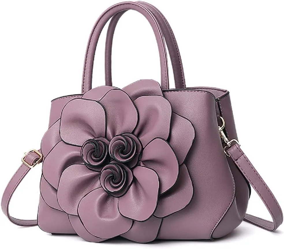 Womens PU Leather Handbags Purses Top-handle Totes Satchel Shoulder Bag for Ladies with Big flower（Pink）