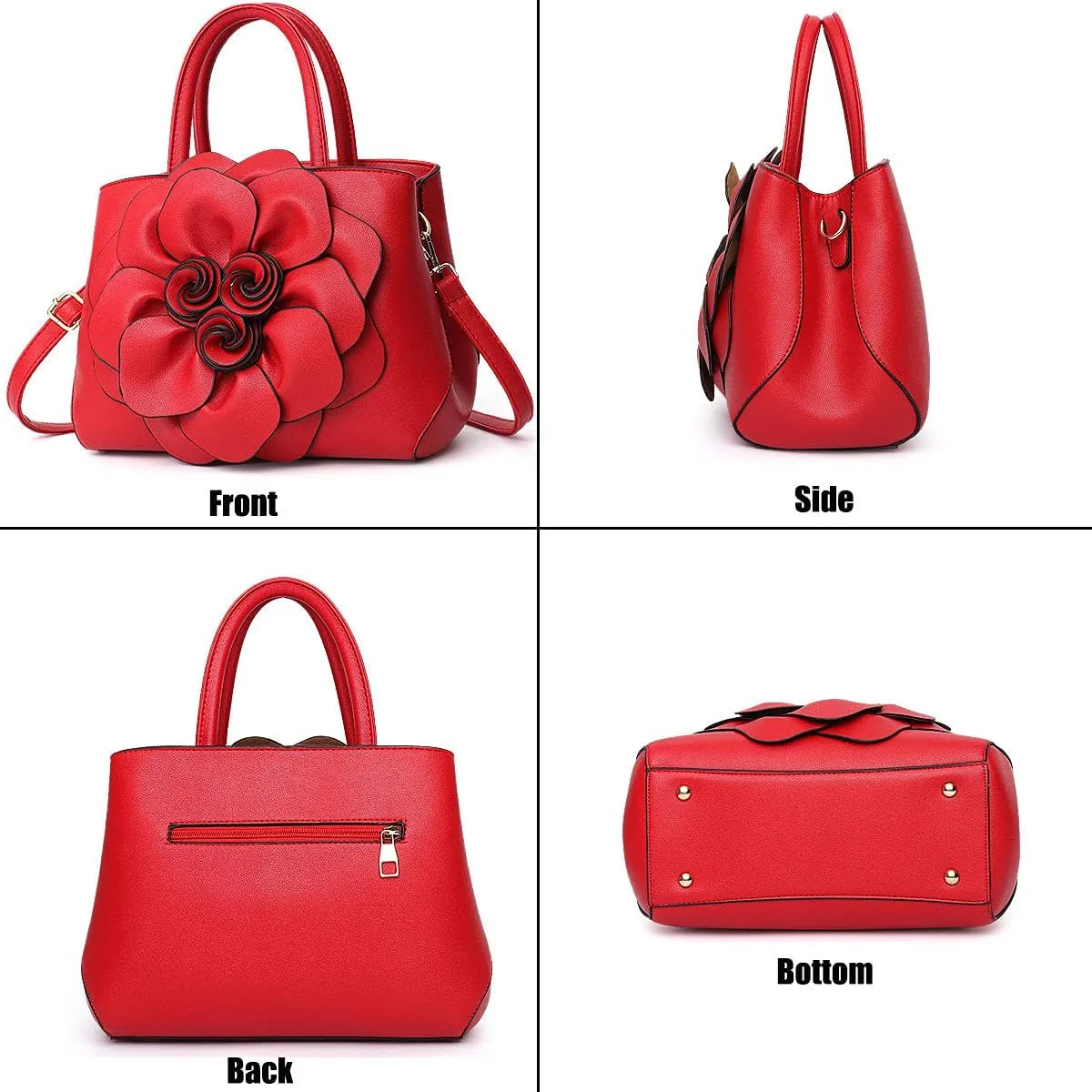 Womens PU Leather Handbags Purses Top-handle Totes Satchel Shoulder Bag for Ladies with Big flower（Pink）