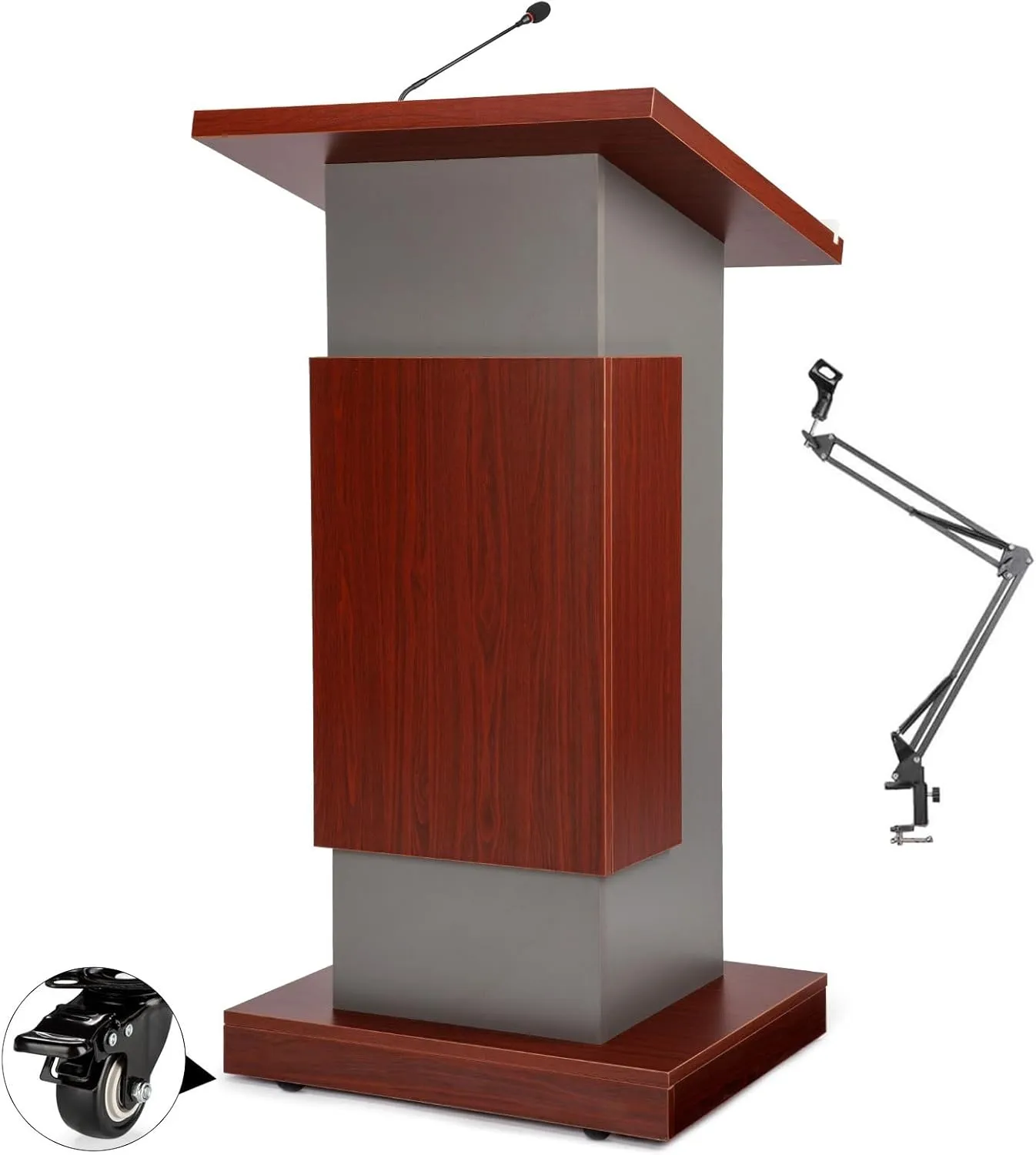 Wooden Podium Stand with Wheels Adjustable Microphone Stand, Portable Mobile Office Conference Podium, Business Lecture Podium Reception Desk with Storage for Churches, Seminars Classroom