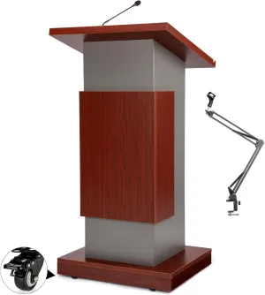 Wooden Podium Stand with Wheels Adjustable Microphone Stand, Portable Mobile Office Conference Podium, Business Lecture Podium Reception Desk with Storage for Churches, Seminars Classroom