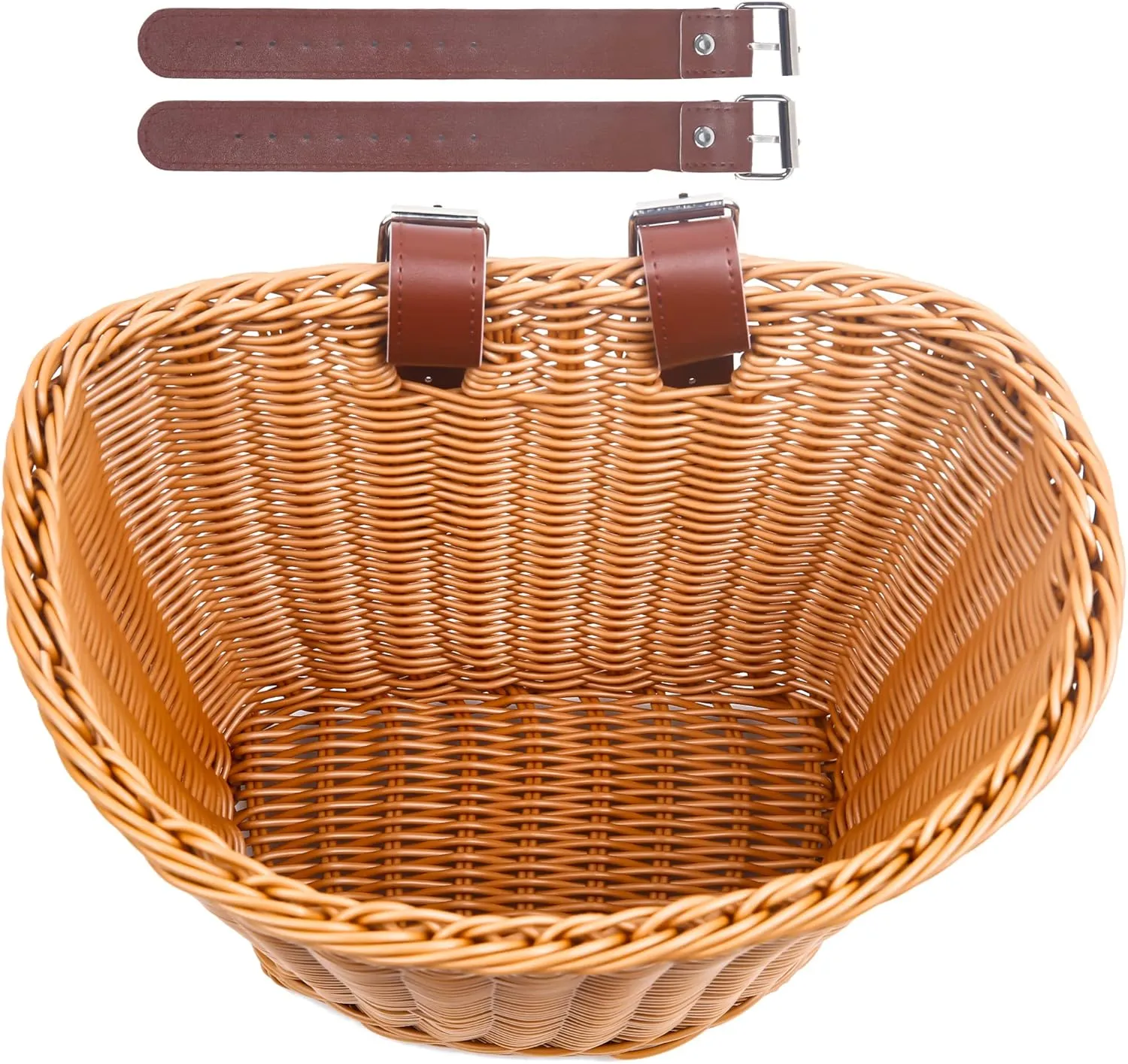 Woven Plastic Bike Baskets- Front D-Shaped Bike Bicycle Basket | Handlebar Storage Container with 2 Adjustable Leather Straps